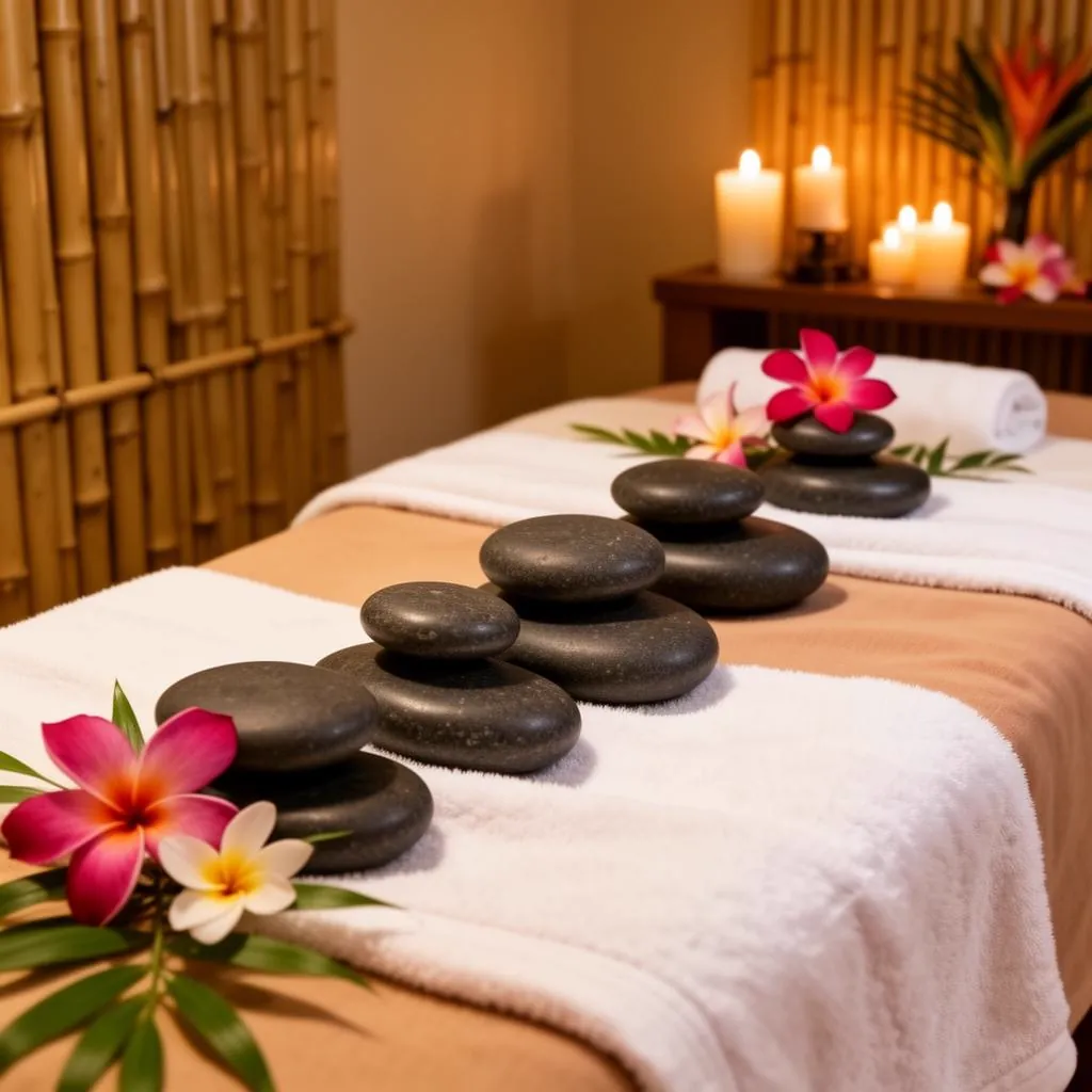 Hot stone massage setup with heated basalt stones